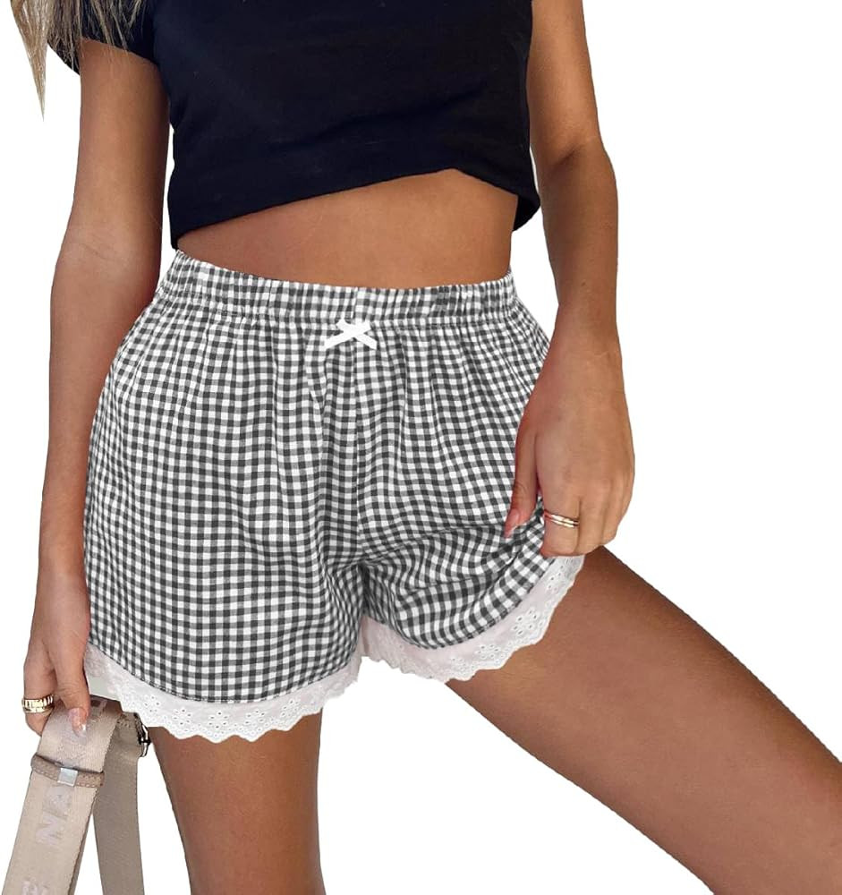Aoulaydo Boxer Shorts for Women Pajama Gingham Shorts Casual Lounge Sleep Plaid Y2K Beach Bottoms... | Amazon (US)