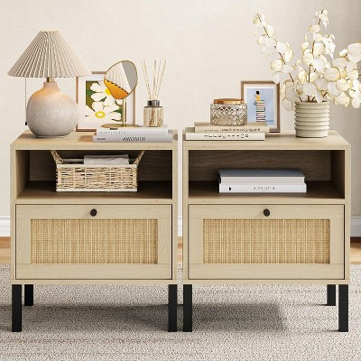 Angel Sar Set of 2 Rattan Nightstands, Boho Bedside Tables with Hand-Woven Door & Storage Shelf, Accent End Tables for Bedroom, Living Room, Natural | Target