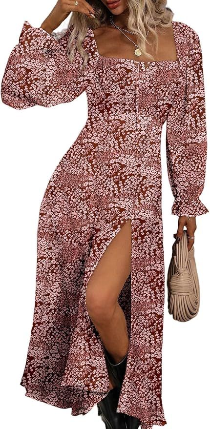 BLENCOT Women's Floral Print Puff Long Sleeve Maxi Dress Sexy Square Neck Tie Front Ruffle Hem Sp... | Amazon (US)