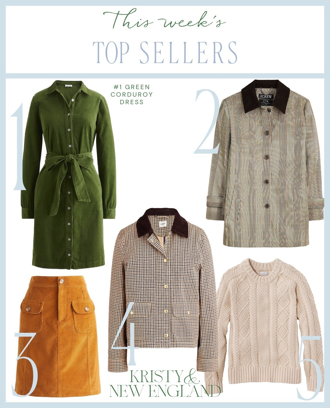Top Sellers of the Week #1 Green Corduroy Dress #2 Plaid Barn Coat #3 Corduroy Skirt #4 Plaid Cropped Field Coat #5 Fisherman Sweater

#LTKSeasonal #LTKOver40 #LTKSaleAlert