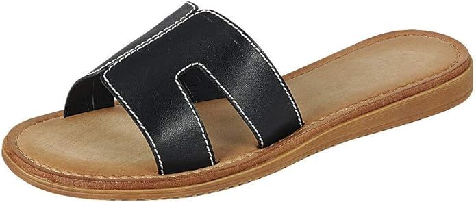 Wells Collection Womens Slip On Slide Flat Sandal with Notch Cut-Outs | Amazon (US)