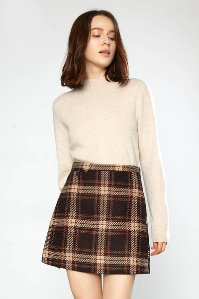Tyla Saddle Brown Premium Wool Plaid Tweed Skirt | J.ING