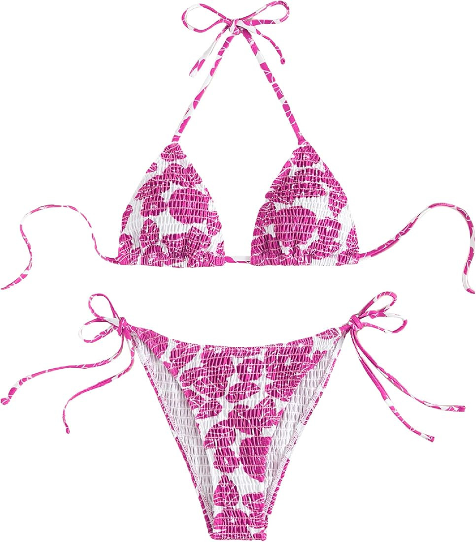 MakeMeChic Women's Halter Tie Side Triangle Bikini Set high Cut 2 Piece Bikini Swimsuit Bathing S... | Amazon (US)