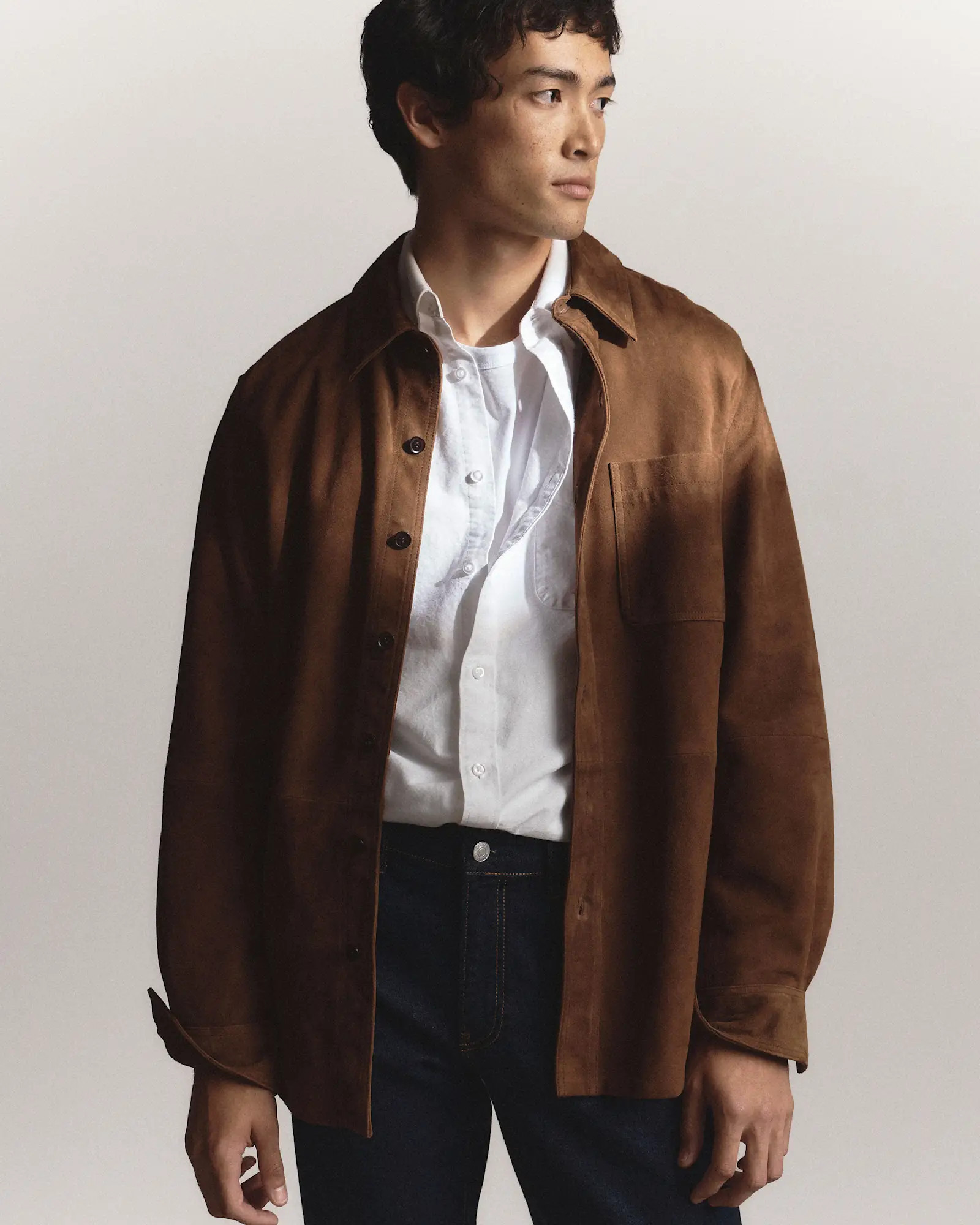100% Suede Overshirt in Dark Chestnut Brown | Quince