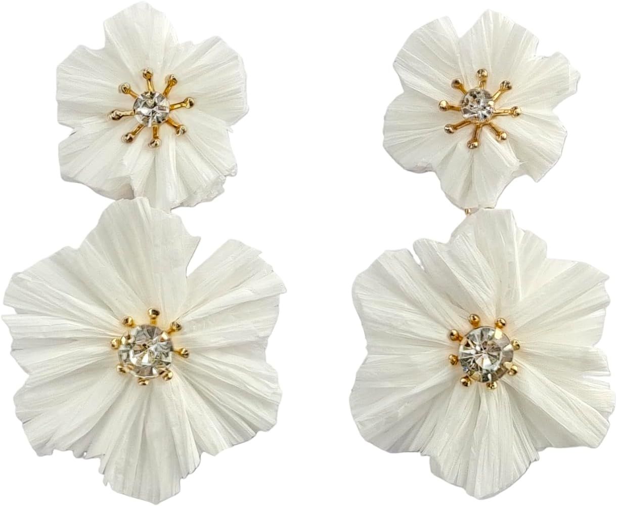 Flower Drop Dangle Earrings for Women - Raffia Flower Statement Earrings Handmade Earrings Bohemi... | Amazon (US)