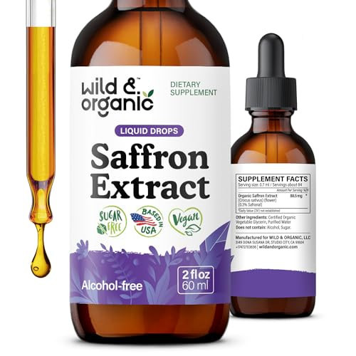 Wild & Organic Saffron Supplements 88.5 mg - Saffron Drops for Mood, Brain, Vision Support - Crocus Sativus Liquid Extract - Vegan, Sugar & Alcohol-Free Tincture - 2 fl oz | Amazon (US)