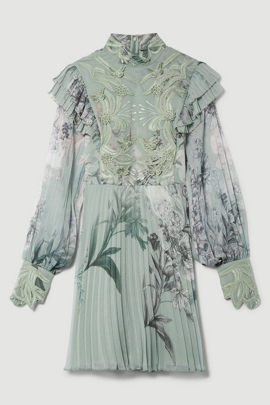 Lydia Millen Floral Applique Lace Pleated Mini Dress | Karen Millen US