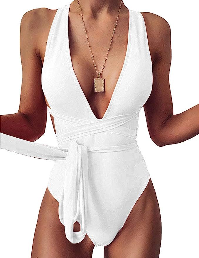 KBREAUR Women's Halter Bandage Deep V Neck One Piece Monokini Swimsuit Swimwear | Amazon (US)