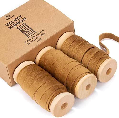 Vitalizart Khaki Velvet Ribbon Set 3/8"" x 15Yd Wooden Spool Fabric Trim Eco-Friendly 3 Rolls * 5... | Amazon (US)