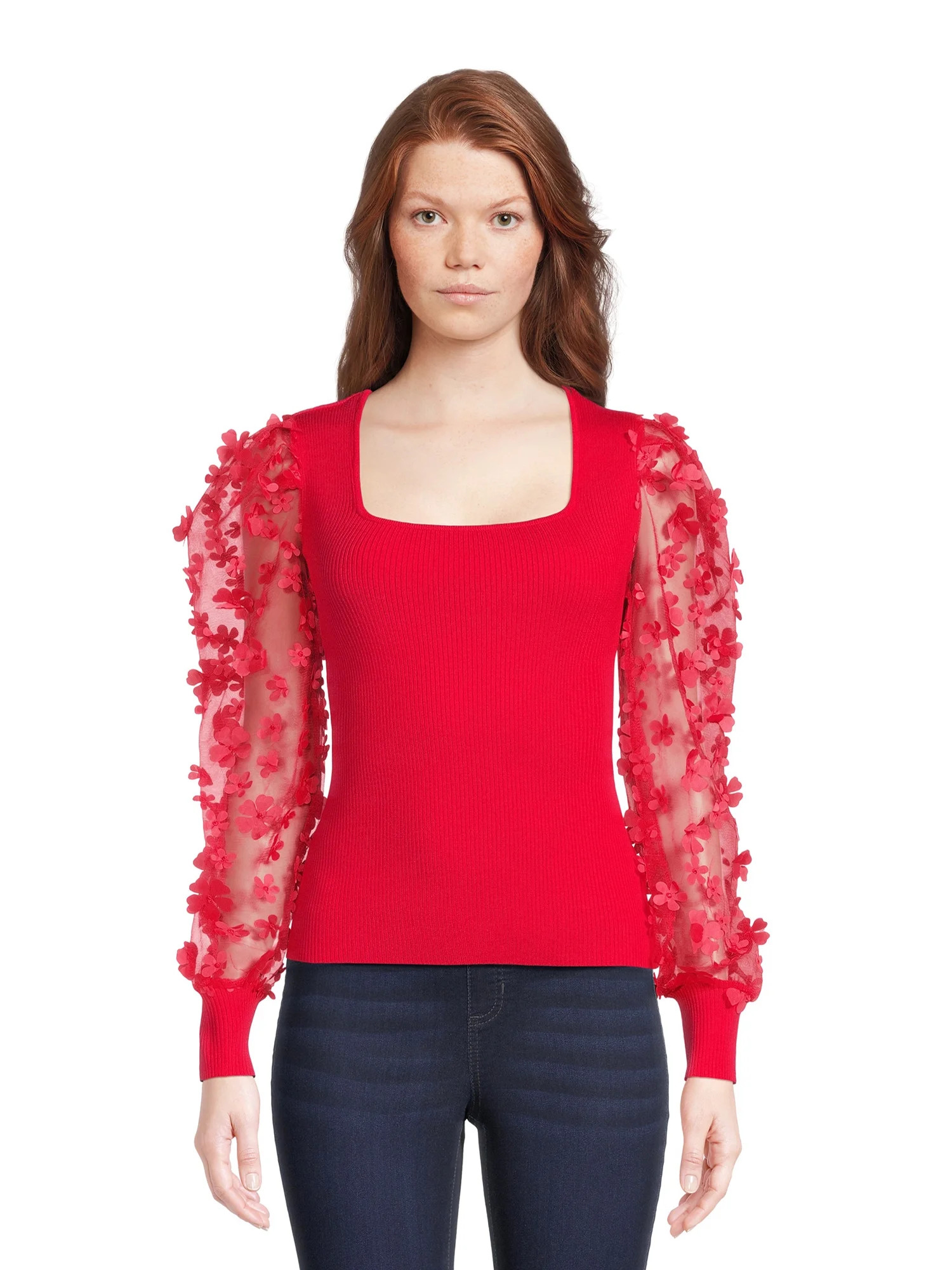No Boundaries Juniors Square Neck Top with Long Puff Sleeves, Sizes XS-3XL - Walmart.com | Walmart (US)