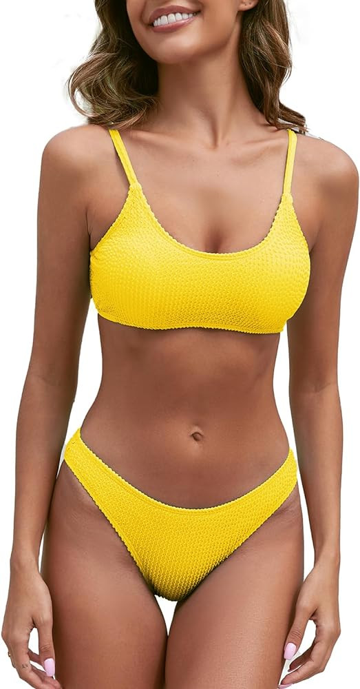 Fanuerg Women's Ribbed Bikini Sets Scoop Neck Cheeky Swimsuit Textured Two Piece Bathing Suit | Amazon (US)