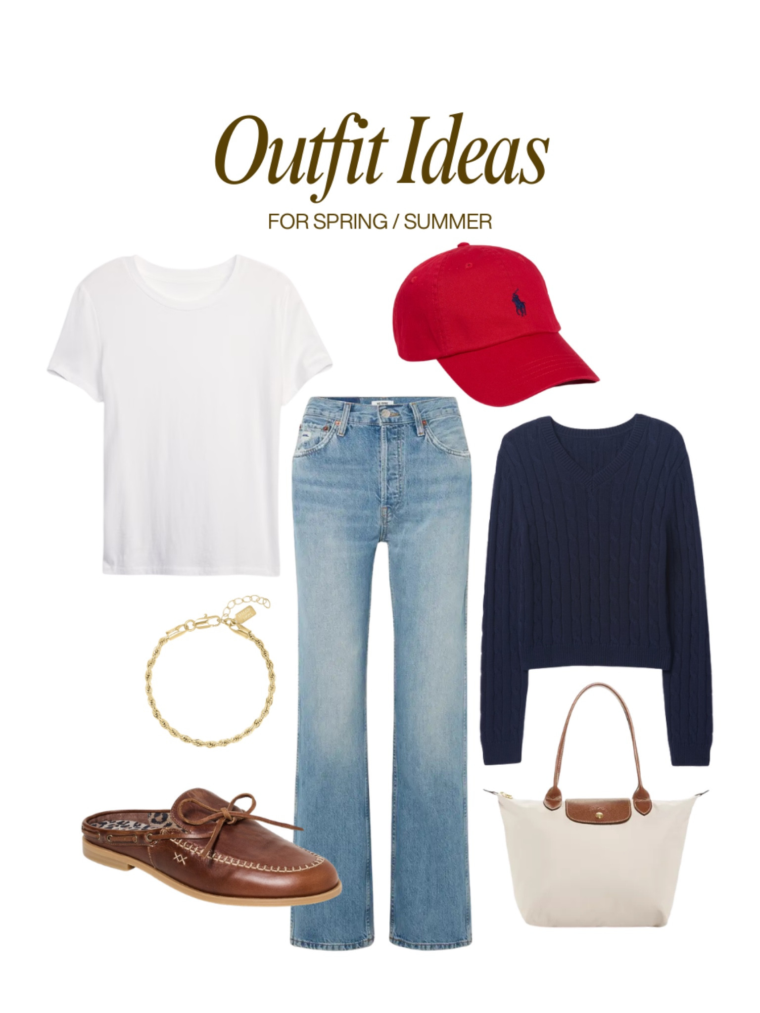 spring casual outfit idea 🩵 red, white, and blue outfit, gap sweater, crewneck sweater, longchamp tote, preppy, boat shoes, Ralph Lauren, baseball cap, white tee, bracelet 

#LTKSpringSale #LTKSeasonal #LTKFindsUnder100