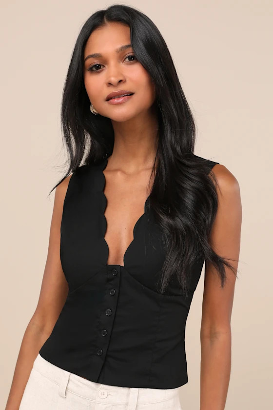 Seasonally Lovely Black Scalloped Button-Front Top | Lulus