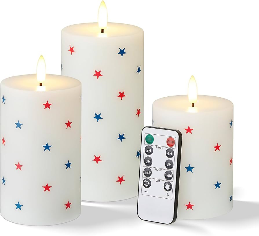 Flameless LED Candles, 3 Patriotic Americana Pillar Candles, Timer, Remote Ready, Stars Design fo... | Amazon (US)