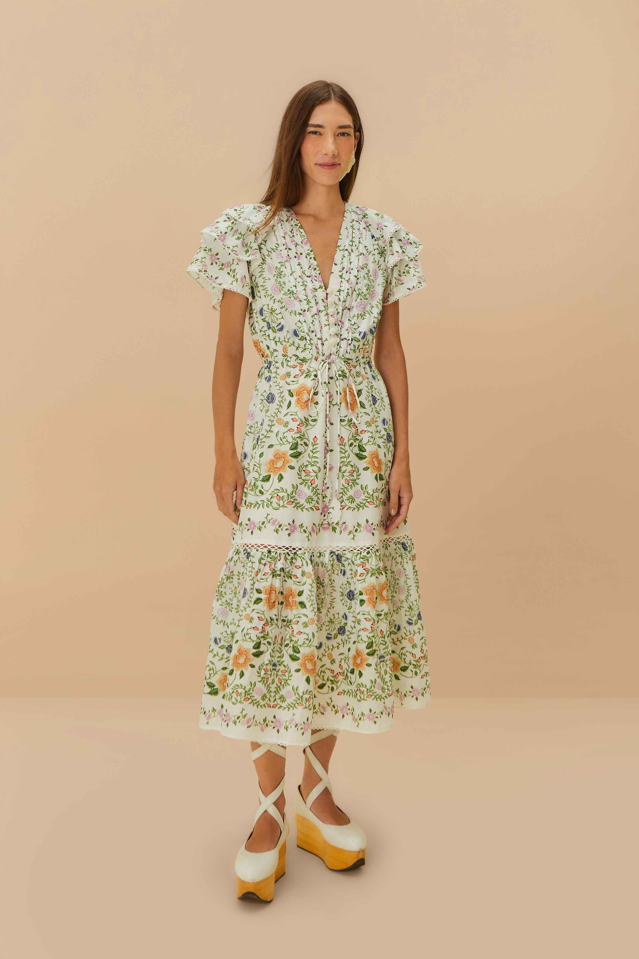 Off-White Folk Floral Lace Midi Dress | FarmRio (US)