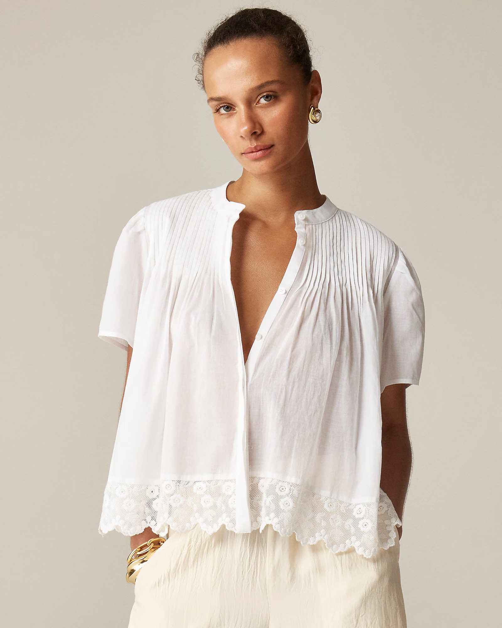 Lace-trim pintuck top in cotton voile | J. Crew US