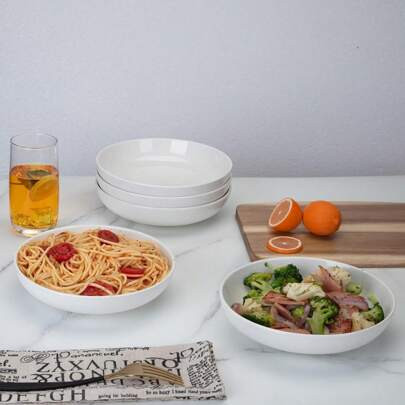 6pcs Pasta Bowls 22oz, 8 Inch Salad Bowl Set, Kitchen Porcelain Pasta Plates, Large Ceramic Shallow Bowls For Serving Dinner Pasta Noodles Soup, Micro | SHEIN