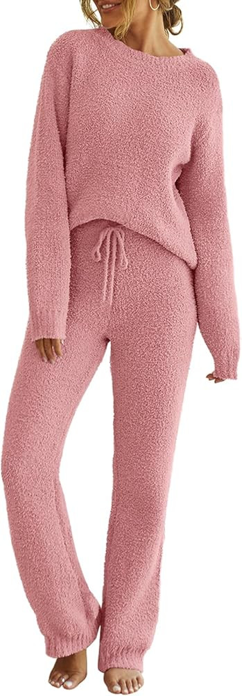 MEROKEETY Womens Pajama Sets 2025 Fall Lounge Sweater Set Cute Fuzzy Fleece 2 Piece Long Sleeve C... | Amazon (US)