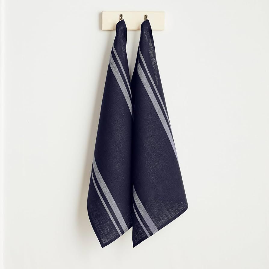 Solino Home Linen Kitchen Towels Set of 2 – White and Navy 17 x 26 Inch – 100% Pure Linen Fre... | Amazon (US)