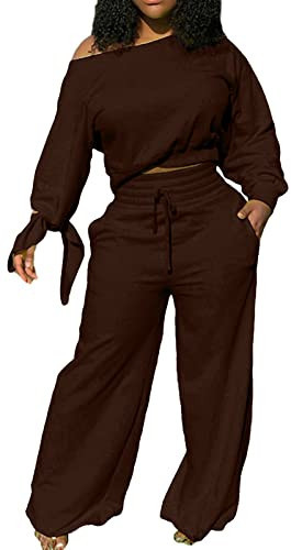 Sexy 2 piece Sets for Women Brown Jogging Sweatsuits Casual Wide Leg Long Sweatpants Long Sleeve One Off Shoulder with Pockets (2X-Large) | Amazon (US)