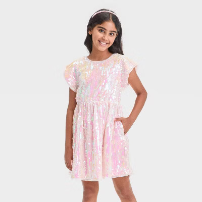 Girls' Short Sleeve Sequin Dress - Cat & Jack™ Peach Pink S | Target