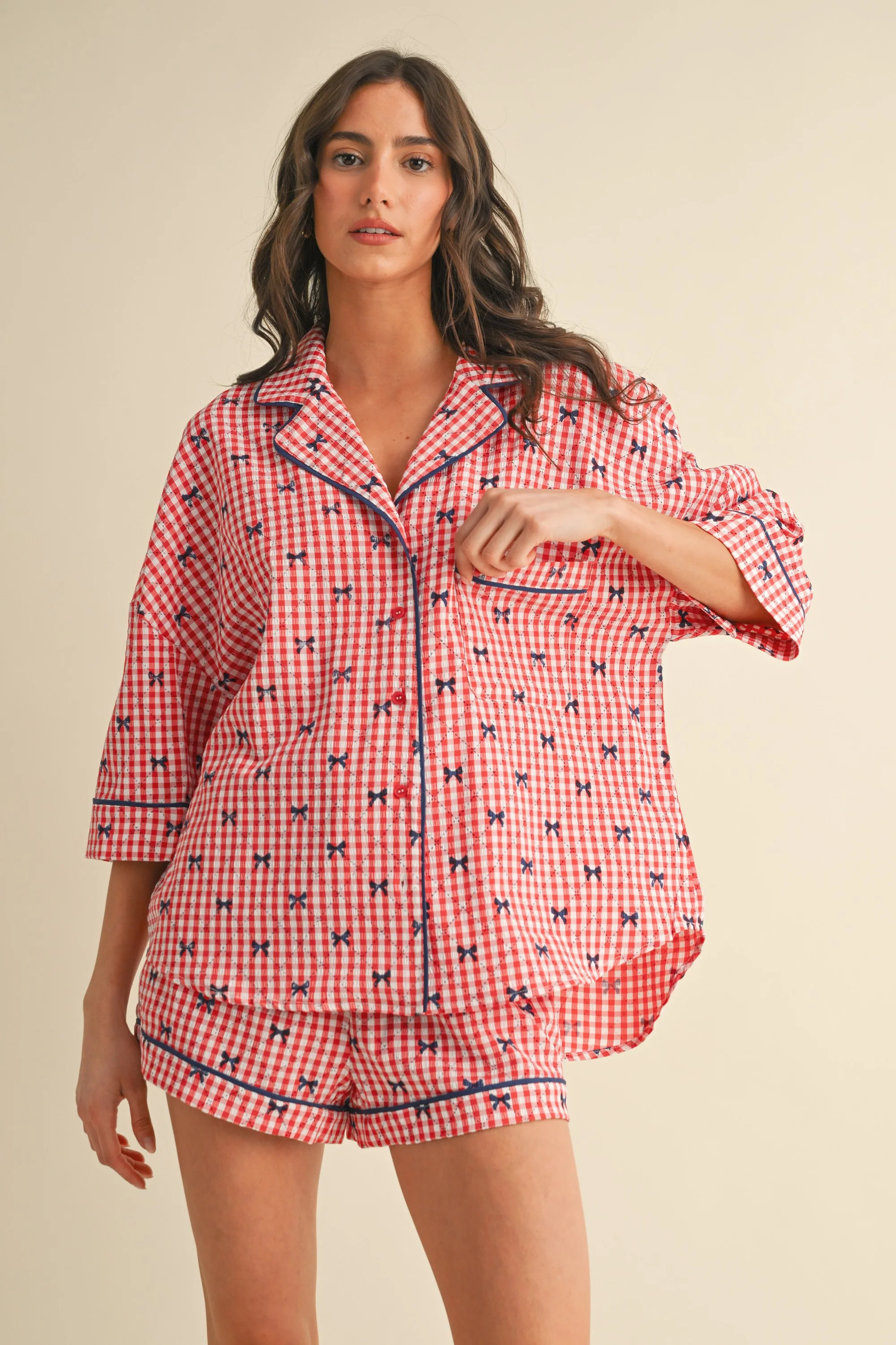 Red Bow Print Gingham Pajama Short Set | PinkBlush Maternity
