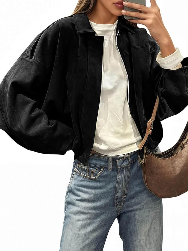 Cicy Bell Womens Faux Suede Bomber Jackets Oversized Cropped Zip Up Coats | Lapel Collar,Trendy C... | Amazon (US)