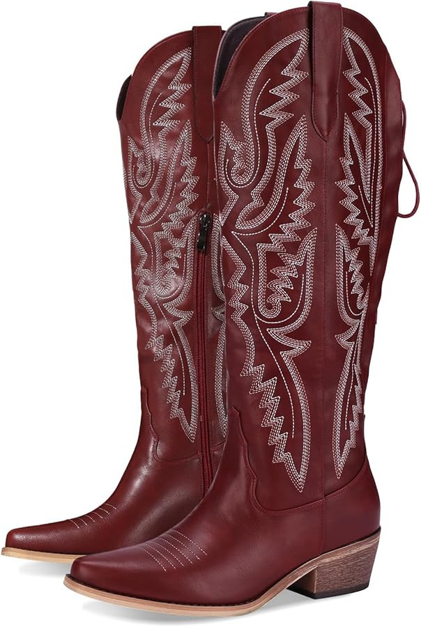 Cowboy Boots For Women Embroidered Wide Calf Boots With Back Lace Up Chunky Block Heels Pointed T... | Amazon (US)