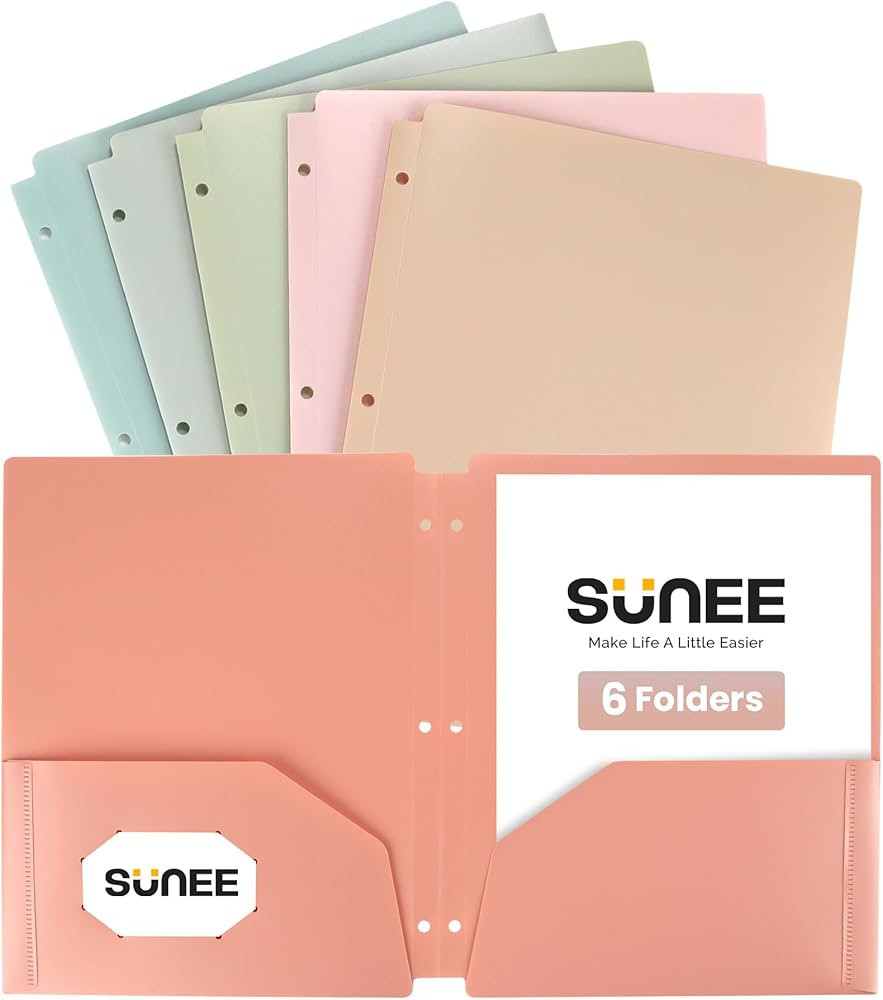 SUNEE 3 Hole Pocket Folders (6 Pack, Vintage Colors), Plastic Pocket Folders for 3 Ring Binder, 3... | Amazon (US)