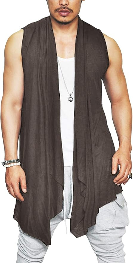 COOFANDY Men's Ruffle Shawl Collar Cardigan Sleeveless Open Front Vest Lightweight Long Length Dr... | Amazon (US)