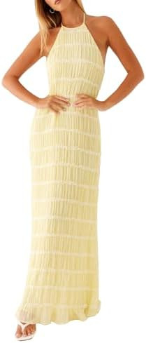 Women Halter Neck Pleated Maxi Dress Sleeveless Backless Smocked Long Dress Open Back Flowy Sundr... | Amazon (US)
