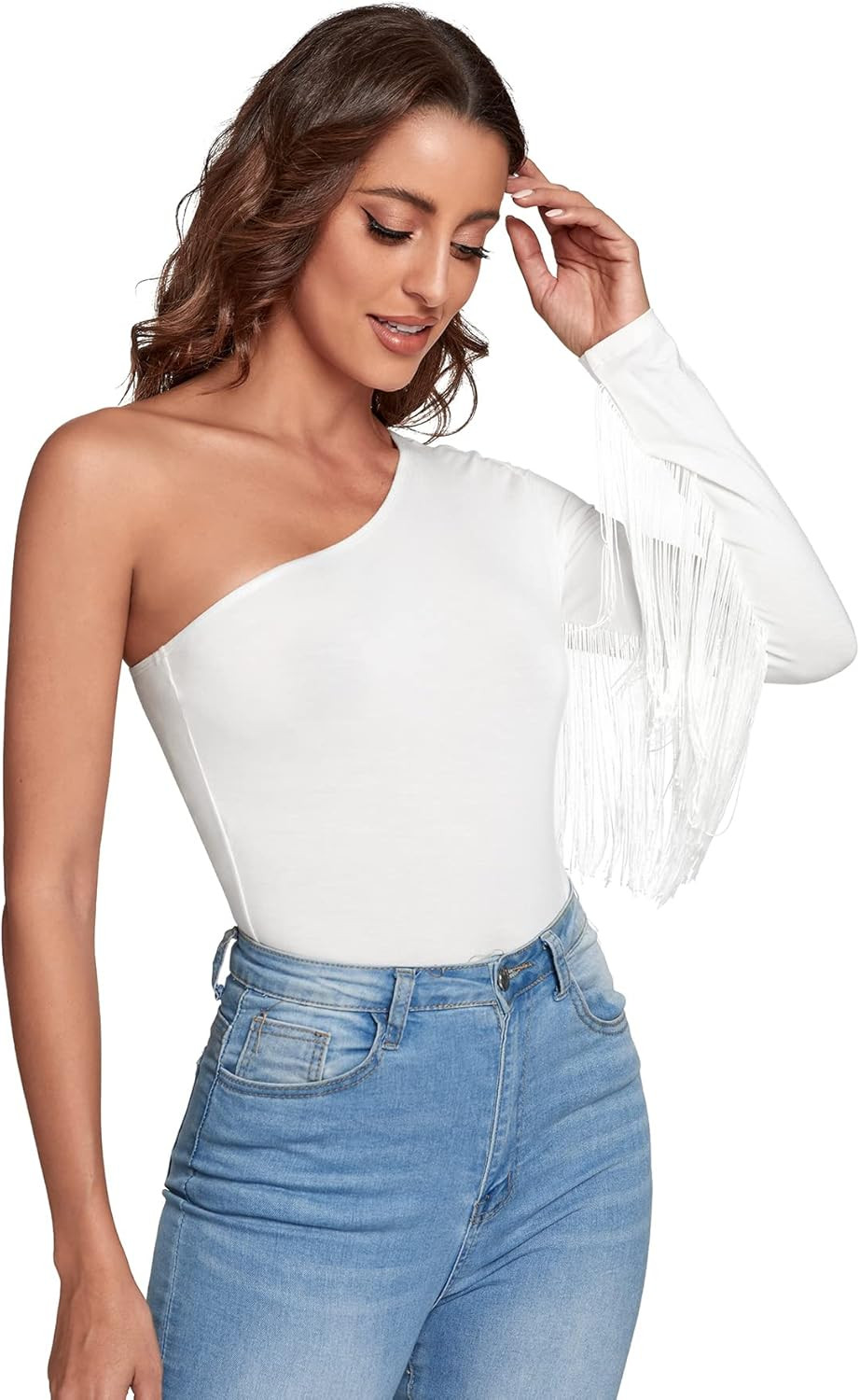 Verdusa Women's Fringe Trim One Shoulder Long Sleeve Bodysuit Top | Amazon (US)