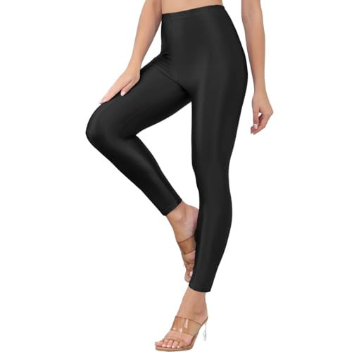 Sghenr Womens Shiny High Waisted Neon Smooth Pants Disco Party Rave Tights Elastic Skinny Comfy Lightweight Leggings(Black,S) | Amazon (US)