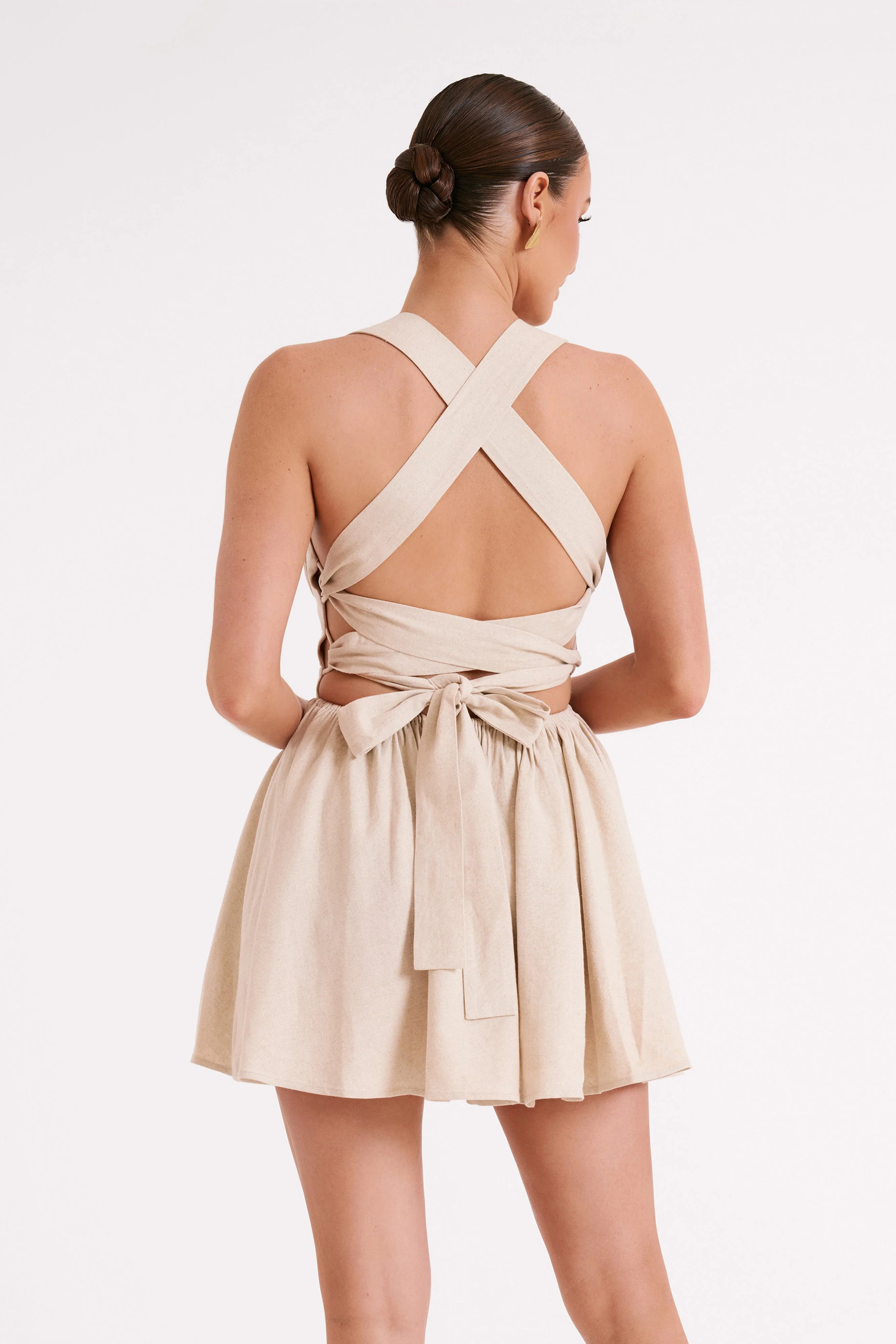 Loz Tie Back Linen Mini Dress - Natural | MESHKI US