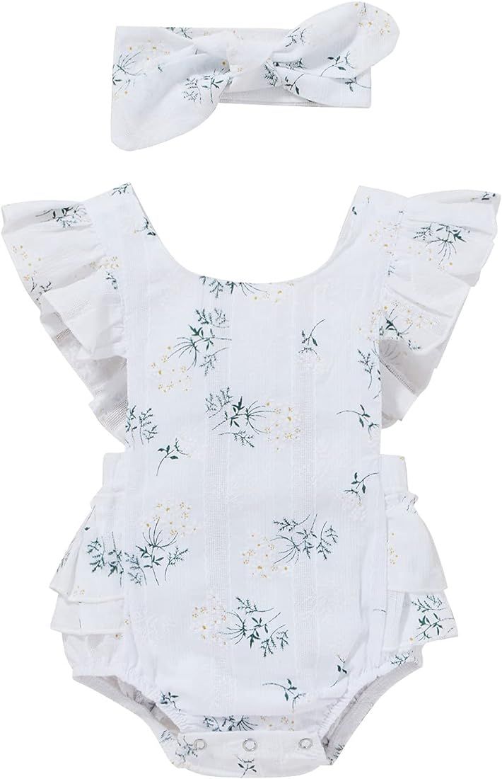 Baby Girls Daisy Playsuits Ruffled Bodysuit+Headband Print Fly Sleeve Romper Floral Jumpsuit Infa... | Amazon (US)