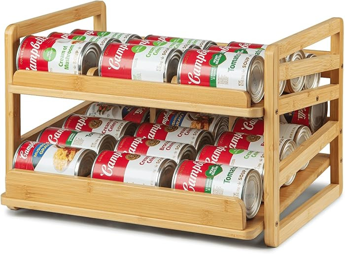 Bamboo Rolling Can Organizer for Pantry, Stackable 2 Tier Canned Food Organizer Rack for Storage,... | Amazon (US)