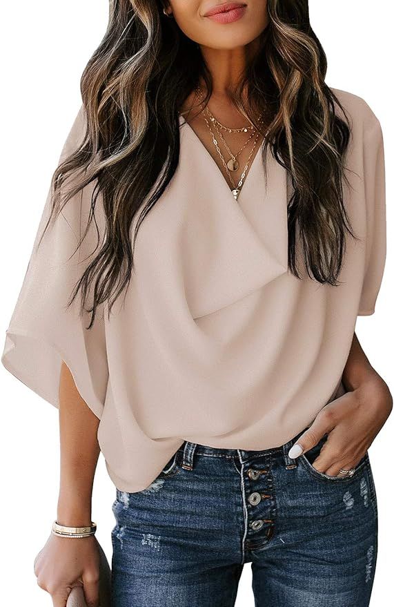LookbookStore Women's Casual Draped V Neck 3/4 Bell Sleeve Loose Shirt Blouse Top | Amazon (US)