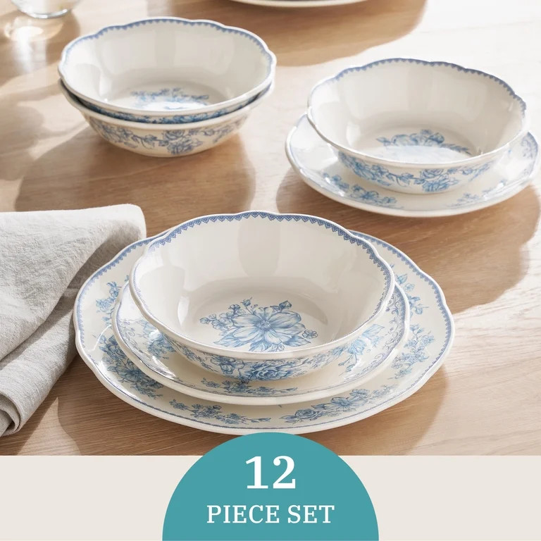 The Pioneer Woman Agatha 12-Piece Stoneware Dinnerware Set, Blue | Walmart (US)