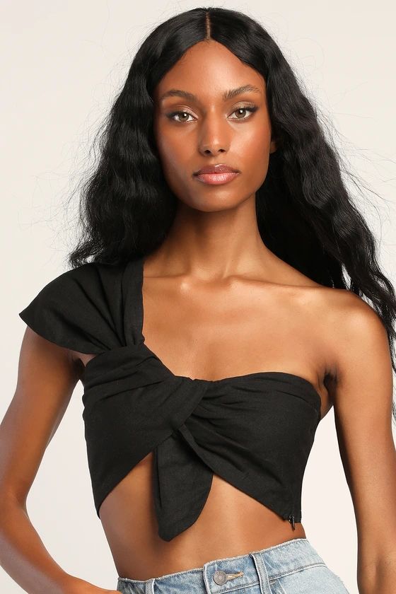 What's Knot To Love Black One-Shoulder Knot-Front Crop Top | Lulus (US)