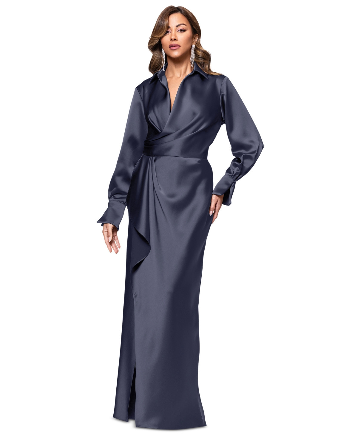Xscape Women's Satin Shirtdress Gown - Navy | Macy's