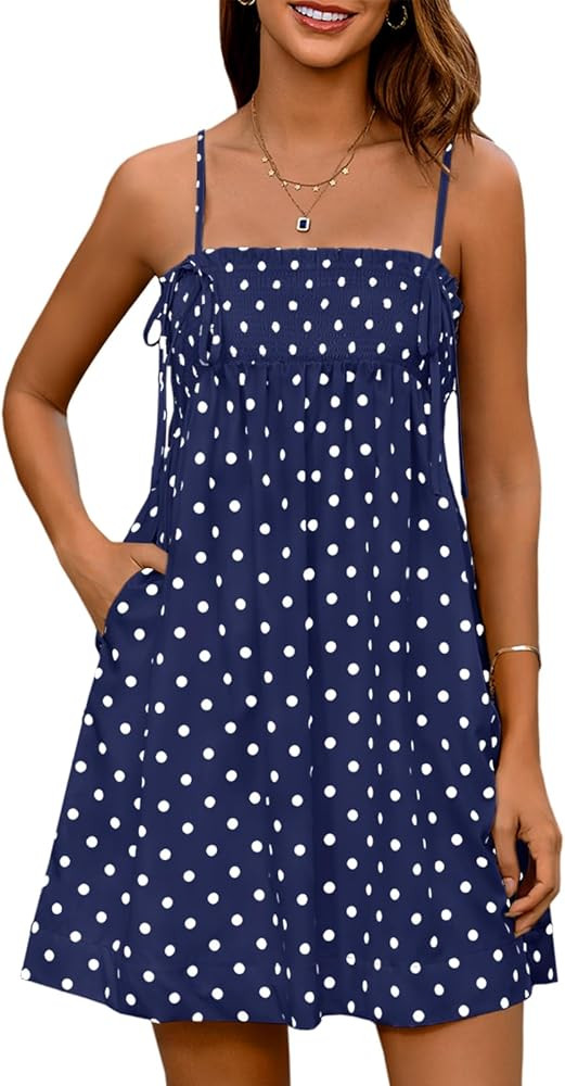 Yousify Women's Spaghetti Strap Babydoll Mini Dress Summer Casual Ruffled Smocked Short Dress Pol... | Amazon (US)