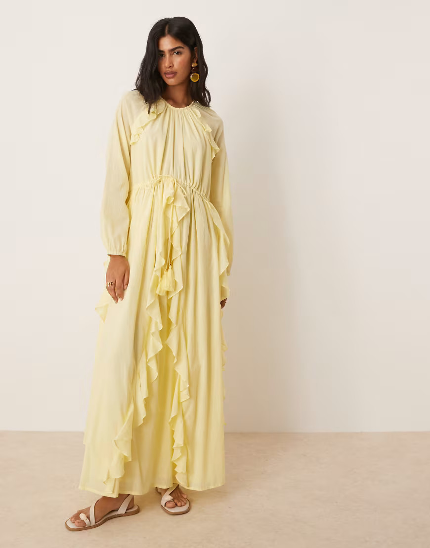 ASOS DESIGN crew neck ruched waist maxi dress with ruffles in lemon-Yellow | ASOS (Global)
