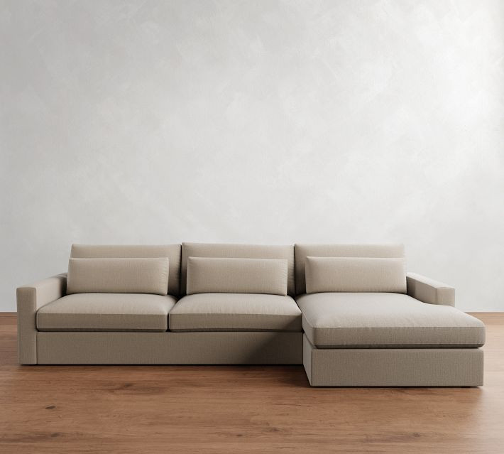 Westwood Square Arm Upholstered Right Arm Sofa with Wide Chaise Sectional, Down Blend Wrapped Cushions, Rustic Chenille Ivory | Pottery Barn (US)