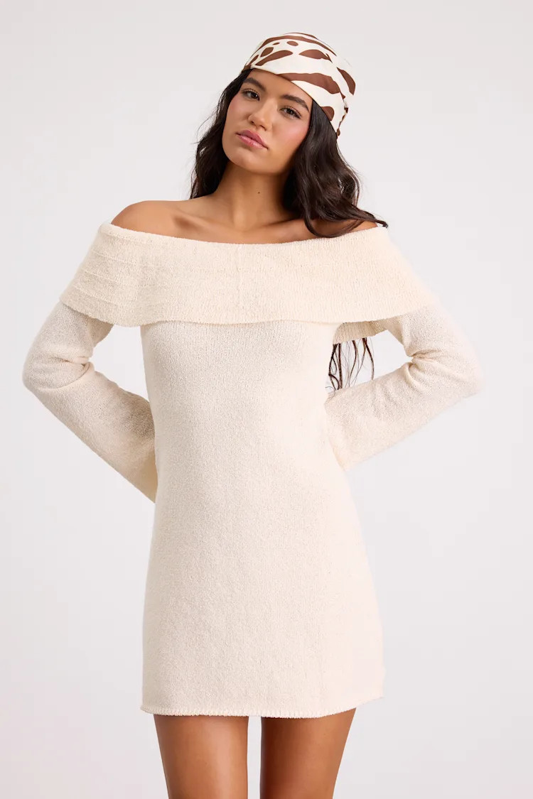 Pemryn Cream Off-the-Shoulder Mini Sweater Dress | Lulus