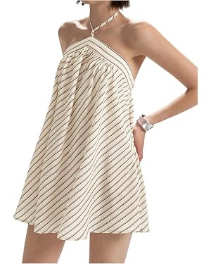 OYOANGLE Women's Striped Tie Backless Cami Halter Dress Sleeveless Flared A Line Short Going Out ... | Amazon (US)
