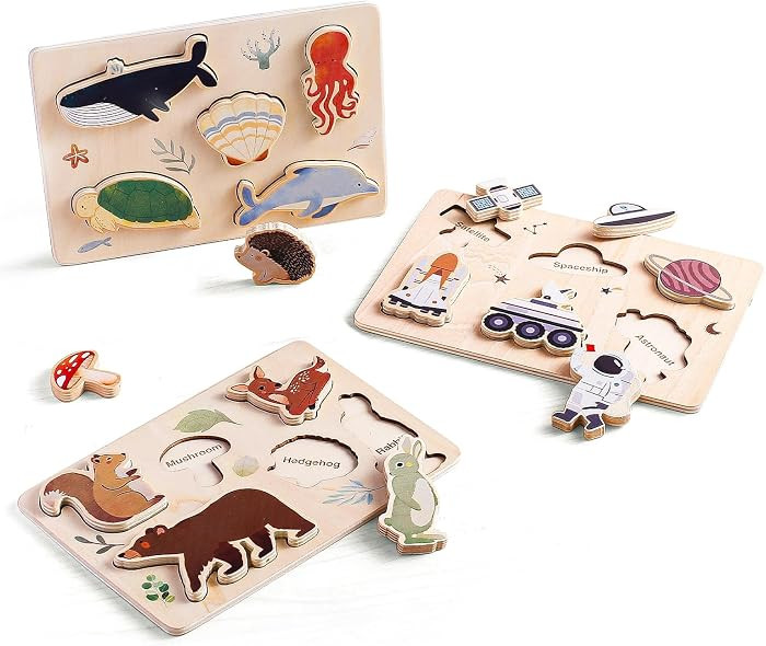 3 Packs Space Ocean Forest Wooden Chunky Puzzles for Toddlers, Wood Puzzle for Kids, Insert Puzzl... | Amazon (US)