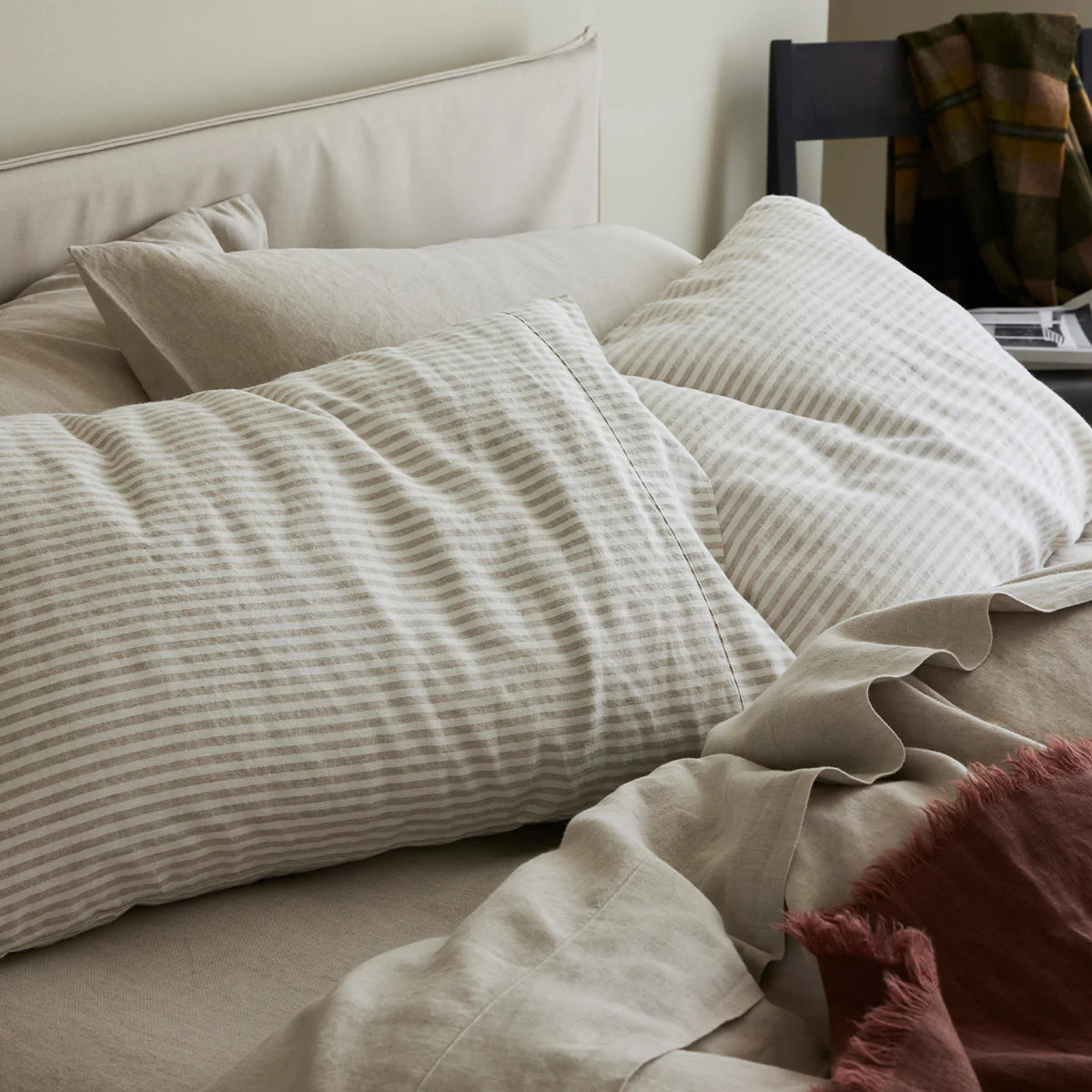 Oatmeal Stripe Linen Blend Pillowcases (Pair) | Piglet