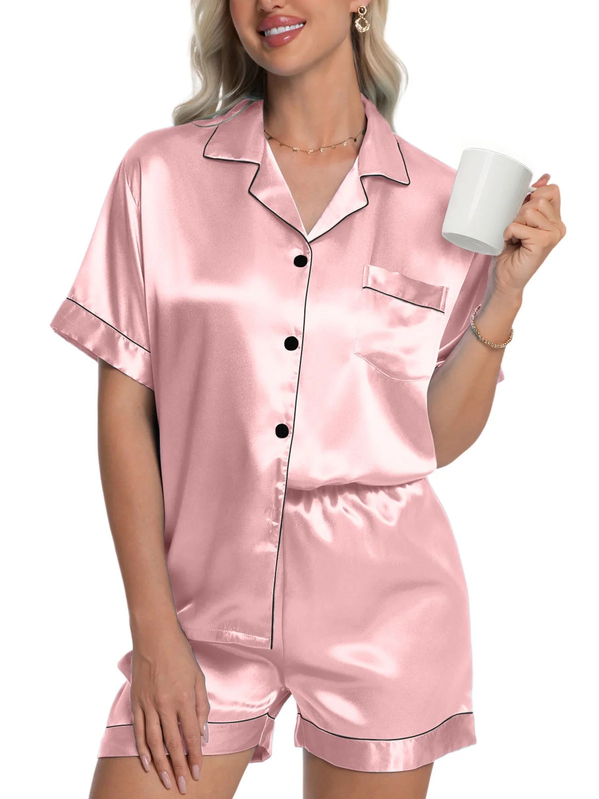 DAKIMOE Womens Silky Satin Pajama Set Short Sleeve Shirt with Shorts 2 Piece Pjs Sets Soft Silk S... | Walmart (US)