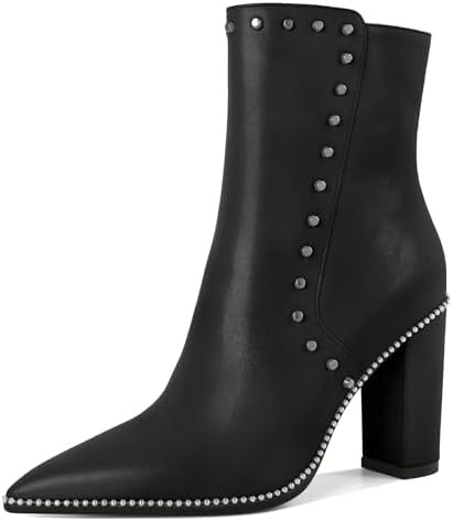 YODEKS Women's Ankle Booties 3.7 Inch Heel Chunky Boots Rivet Beaded Studded Pointed Toe Side Zip... | Amazon (US)