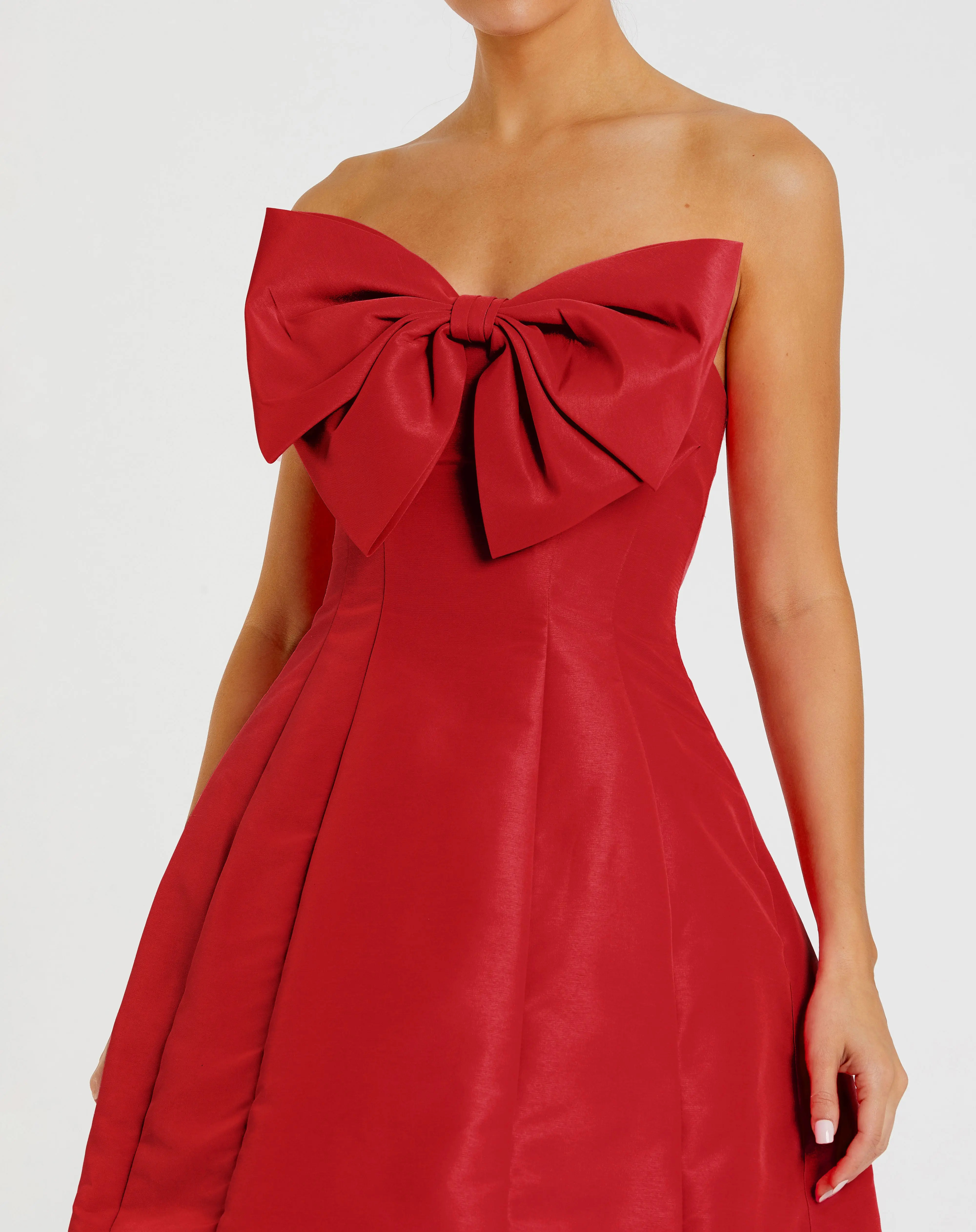 Red Strapless Oversized Bow Fit & Flare Mini Dress | Mac Duggal | Mac Duggal